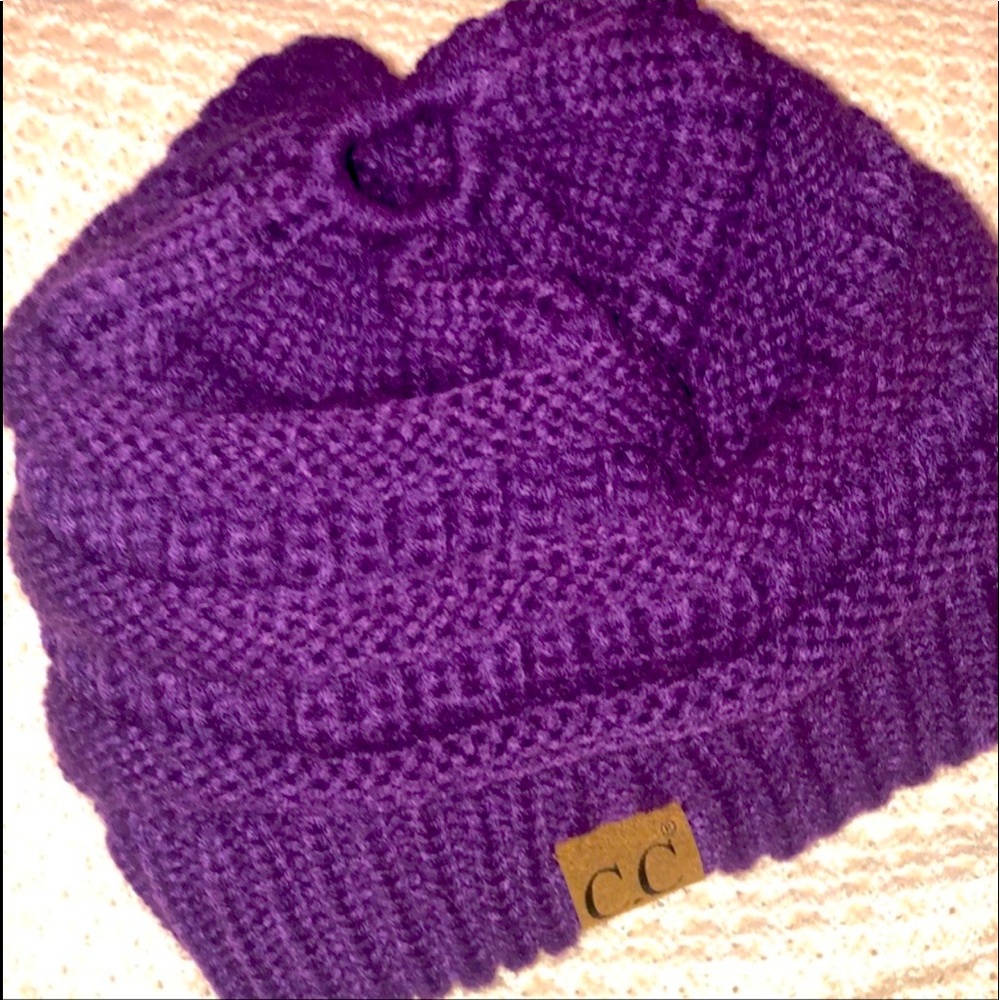 CC purp, yellow, & blk, beanies W pony tail holes